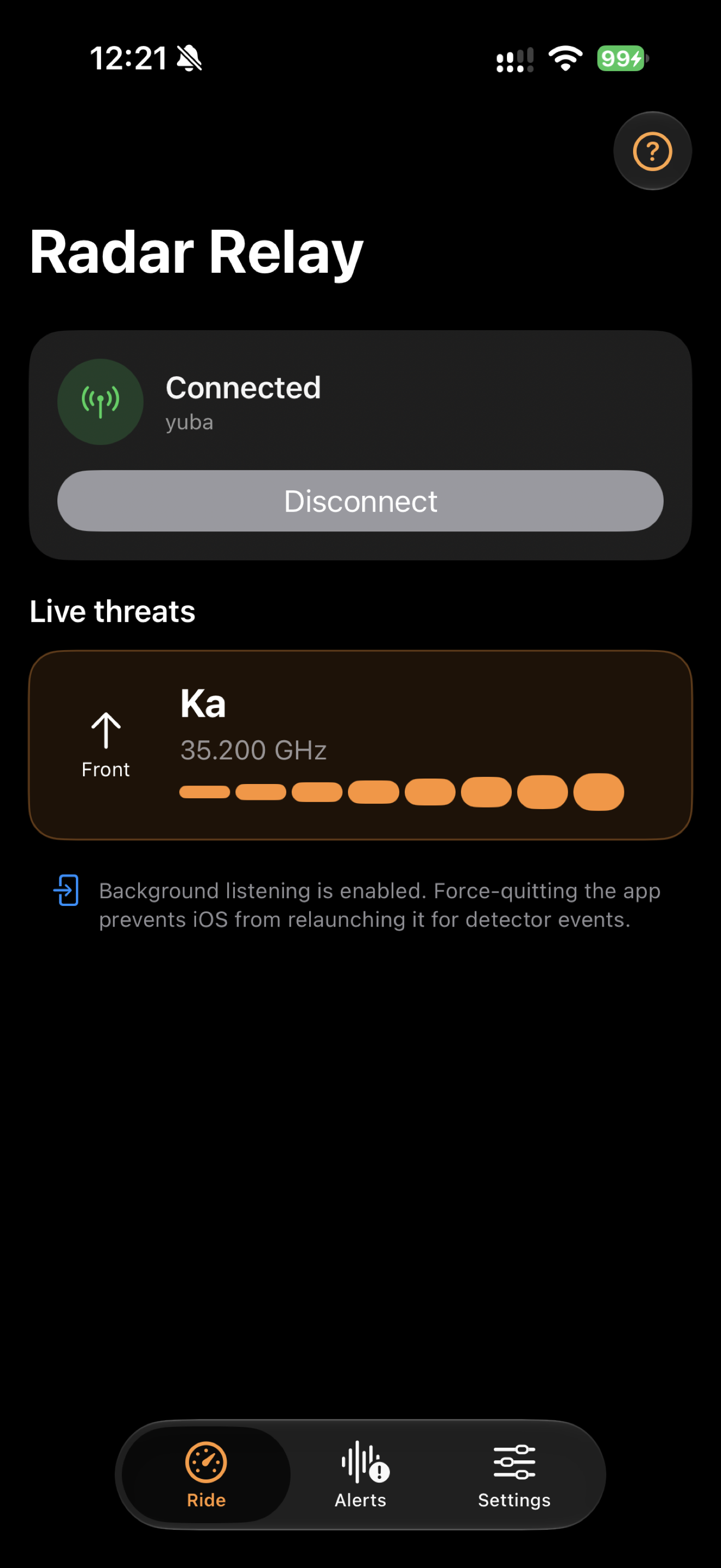 Radar Relay Ride screen showing a connected detector and a front Ka band signal